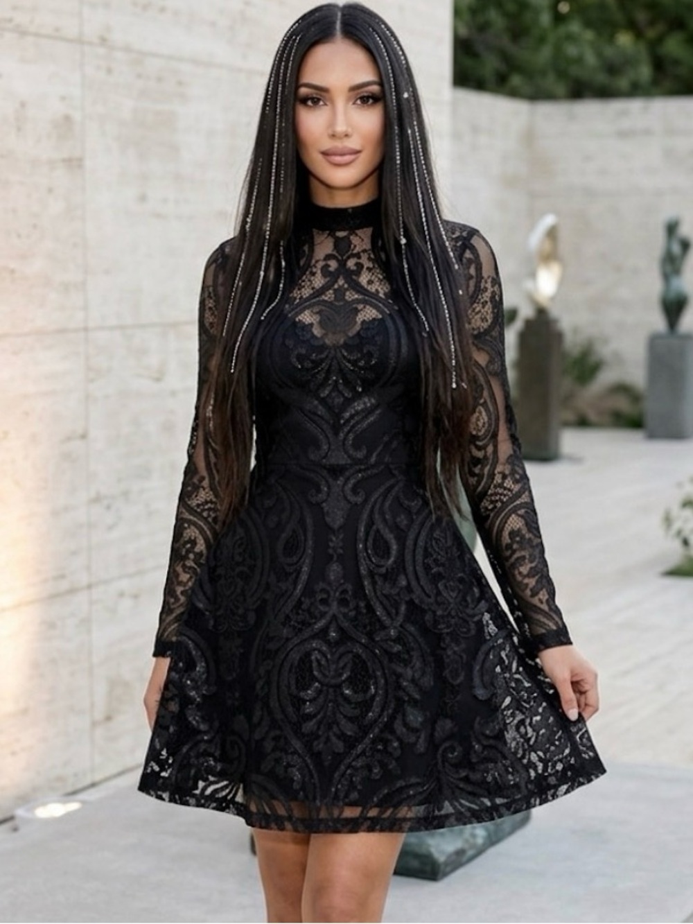 GUESS Long-Sleeve Shimmer A-line Dress with High Neck in Black Lace